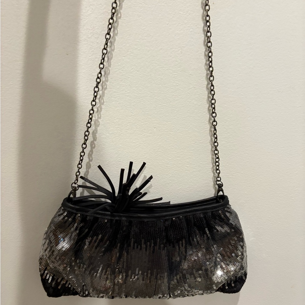 Rachel Zoe Black and Silver Evening Clutch with Chain Strap